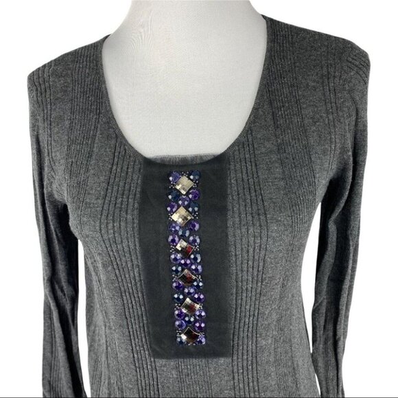 Adrienne Vittadini Womens NWT Grey Ribbed Embellished Scoop Neck Tunic Top M/C36 - Picture 2 of 9